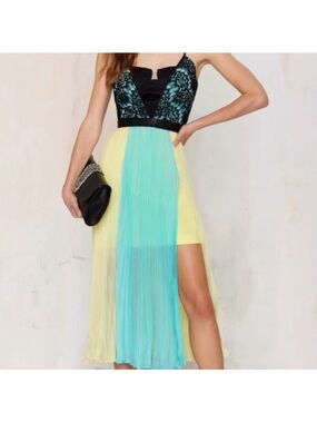 Black Lace & Yellow-Turquoise Pleated Midi Dress